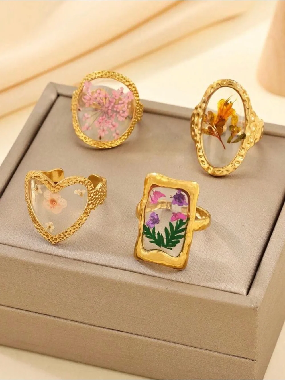 Adjustable Gold Pressed Flower Rings set of 4|Vintage Botanical Statement Jewery